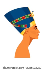 Egyptian Queen Nefertiti. Ancient portrait in crown. Beautiful woman profile closeup face. Ancient Egypt. Modern vector illustration on white background.