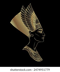 Reina egipcia Nefertiti. Retrato antiguo en corona. Hermoso perfil de mujer primer plano face.Hand-dibujado vintage ilustración de contorno de Vector en oro sobre negro. Diseño de logo de arte sagrado egipcio.