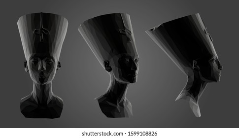 Egyptian Queen Nefertiti in Black and White. Dark Set of Cleopatra Sculptures. Low Poly Vector Greyscale Silhouette 3D Rendering