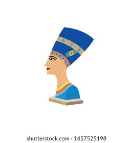 Egyptian queen Nefertiti a famous ancient egyptian culture sculpture portrait flat vector illustration isolated on white background. Tourists projects design element.