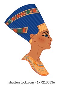 Egyptian queen Nefertiti isolated on white background. Great Royal Wife of the Egyptian Pharaoh Akhenaten. Illustration isolated vector.