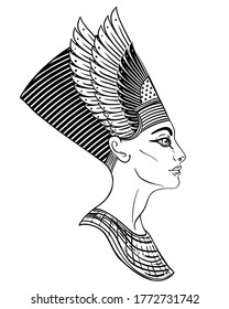 Egyptian queen Nefertiti isolated on white background. Great Royal Wife of the Egyptian Pharaoh Akhenaten. Illustration isolated vector.