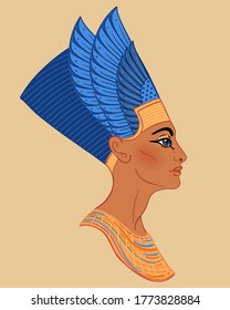 Egyptian queen Nefertiti isolated on white background. Great Royal Wife of the Egyptian Pharaoh Akhenaten. Illustration isolated vector.