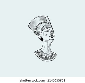 Egyptian Queen Nefertiti is isolated on a white background.	