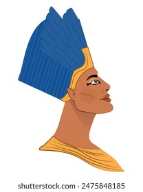 Reina egipcia Nefertiti aislado sobre fondo blanco. Gran esposa real del faraón egipcio Akenatón. Ilustración Vector aislado.