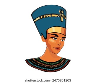 Reina egipcia Nefertiti aislado sobre fondo blanco. Gran esposa real del faraón egipcio Akenatón. Ilustración Vector aislado.