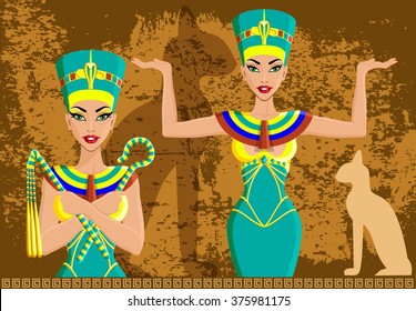 Egyptian Queen Nefertiti, on the stone background, in a turquoise dress, grace, cat pattern. style vector illustration