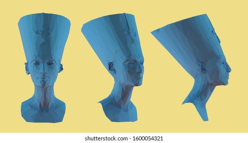 Egyptian Queen Nefertiti. Set of Blue Cleopatra Sculptures on Yellow Background. Low Poly Vector 3D Rendering