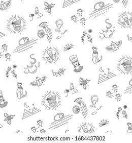 Egyptian repeatable pattern with Passover holiday symbols and line icons. Editable vector illustration file.