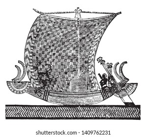 Egyptian Royal Boat from a sculptured tomb, vintage line drawing or engraving illustration.