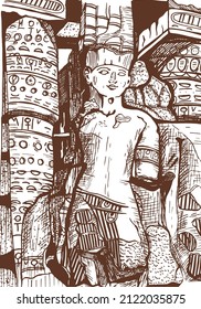 Egyptian ruins vector sketch. Pharaoh Egyptian. sketch of a stone Egyptian statue. vector. eps	