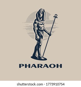 Egyptian ruler Pharaoh. A man is a traditional Egyptian headdress and with a staff in his hand. Vector illustration.