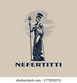 Egyptian ruler Queen Nefertiti. A woman with in a traditional Egyptian headdress and with a staff in her hand. Vector illustration.