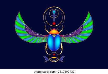 egyptian sacred Scarab colorful design on precious stones, logo beetle with wings. Vector illustration, personifying the god Khepri. Symbol of the ancient Egyptians, isolated on blue background 