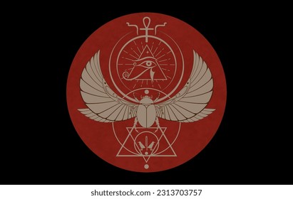 Egyptian sacred Scarab and Eye Of Horus, winged beetle vector illustration logo design, Egyptian hieroglyphs. Old Symbols of the ancient Egypt. Red circle isolated on black background 