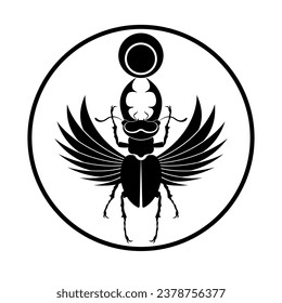 Egyptian sacred scarab stag beetle horns with wings. Black logo silhouette  vector insect isolated on a white background. Symbol of the ancient Egyptians of the god of the sun in circle shape