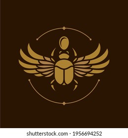 egyptian sacred Scarab wall art design. beetle with wings Vector illustration logo, personifying the god Khepri. Symbol of the ancient Egyptians