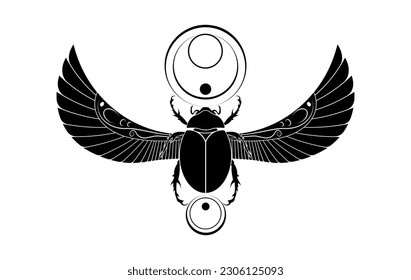 diseño artístico sagrado de Scarab en Egipto. escarabajo con alas. Ilustración vectorial logotipo negro, personificando al dios Khepri. Símbolo de los antiguos egipcios. Para aislar el color sobre fondo blanco 