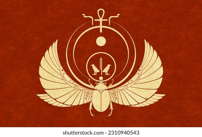 diseño artístico sagrado de Scarab en Egipto. escarabajo con alas. Logo de ilustración vectorial, personificando al dios Khepri. Símbolo de los antiguos egipcios. Pergamino antiguo aislado en el fondo vintage 