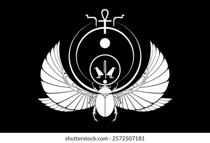 egyptian sacred Scarab wall art design. beetle with wings. Vector illustration white logo, personifying the god Khepri. Symbol of the ancient Egyptians. To be colored isolated on black background 