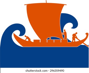 Egyptian sailboat.
Symbolic image of an ancient sailing vessel loaded goods among the huge waves.