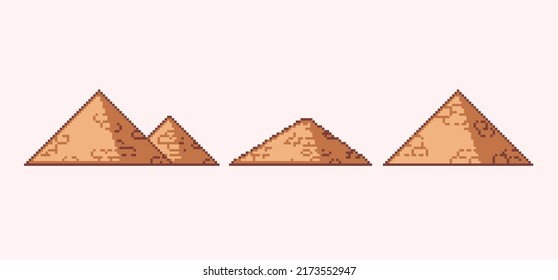 Egyptian sand pyramids pixel art set. Ancient burial, grave collection. 8 bit sprite. Game development, mobile app.  Isolated vector illustration.