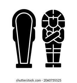 Egyptian sarcophagus black glyph icon. Eternal dwelling for deceased person. Coffin inscribed in hieroglyphs. Grave with burial goods. Silhouette symbol on white space. Vector isolated illustration