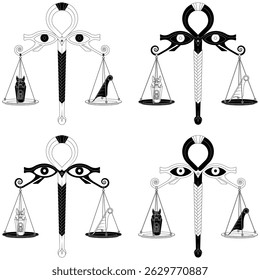 Egyptian scales with eyes of the god Horus, Scales of the god Anubis weighing Canopic jar, Scales with feather of the truth of the goddess Matt