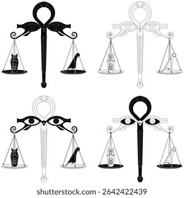Egyptian scales with eyes of the god Horus, Scales of the god Anubis weighing Canopic jar, Scales with feather of the truth of the goddess Matt
