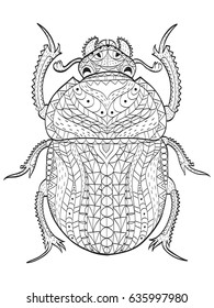 Egyptian Scarab beetle coloring book vector illustration. Anti-stress coloring for adult animal. Zentangle style insect. Black and white lines. Lace pattern