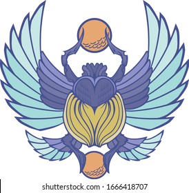 Egyptian scarab beetle symbol holding the sun. Vector and isolated illustration