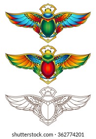 Egyptian Scarab Colorful Vector Illustration. Available in 2 color versions + line art (can be used for coloring).