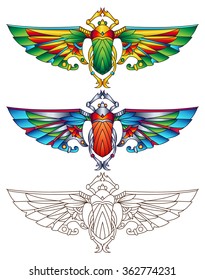 Egyptian Scarab Colorful Vector Illustration. Available in 2 color versions + line art (can be used for coloring).