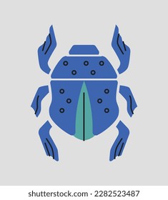 Egyptian scarab concept. Blue antique beetle, hieroglyph in pyramids and tombs. African culture and traditions. Dangerous insect with wings. Cartoon flat vector illustration