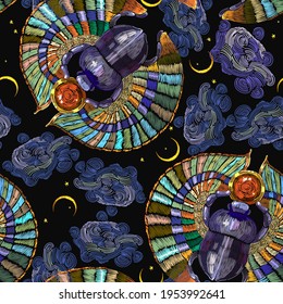 Egyptian scarab, moon and night sky. Fashion seamless pattern. Gold bug. Ancient Egypt art. Template for clothes, t-shirt design. Embroidery antique jewelry 