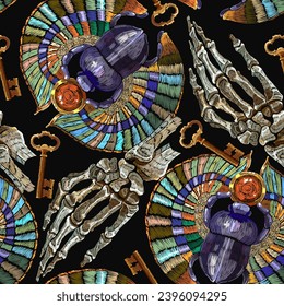 Egyptian scarab and skeleton hands seamless pattern. Embroidery antique jewelry. Gold bug. Ancient Egypt art. Gothic fashion template for clothes, t-shirt design