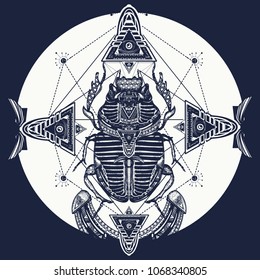 Egyptian scarab symbol of pharaoh, gods Ra, sun, t-shirt design, tattoos of ancient Egypt 