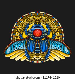 Egyptian scarab symbol of pharaoh, gods Ra, sun. Mythology t-shirt design, tattoos of ancient Egypt