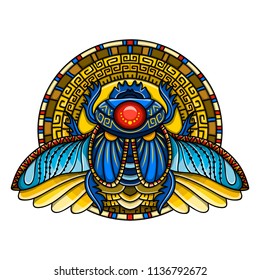 Egyptian scarab symbol of pharaoh, gods Ra, sun. Mythology t-shirt design, tattoos of ancient Egypt