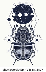 Egyptian scarab and universe tattoo. Symbol of pharaoh, gods Ra, sun. Mythology of ancient Egypt. Egyptology, religion and esoteric mystical print and t-shirt design. Sacred geometry art