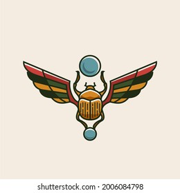 Egyptian scarab and wings vintage Illustration. Ancient Egypt art. traditional Color tattoo design. Magic symbol of pharaoh, gods Ra and sun. Historical art, t-shirt design artwork