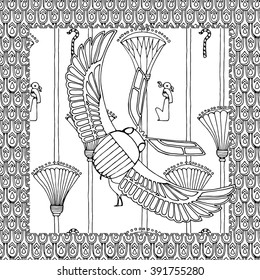 Egyptian scarab zentangle pattern,  page for adult colouring book, vector design