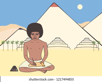 egyptian scribe with pyramids landscape background, vector illustration of ancient civilization