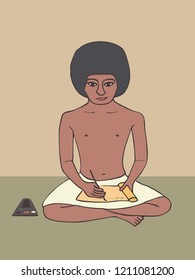 egyptian scribe sitting on the floor and writing on papyrus scroll, vector cartoon illustration of ancient professional activity