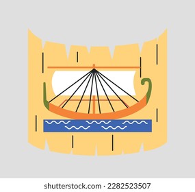 Desplazamiento egipcio con concepto de barco. Barco antiguo navegando por el río Nilo. Documento de Papiro con historia antigua. Cultura y tradiciones africanas, mitología e historia. Dibujo vectorial plano de dibujos animados