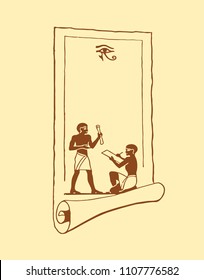 Egyptian scroll with images of people and eyes on a beige background