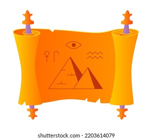 Egyptian scroll - modern flat design style single isolated image. Neat detailed illustration of old papyrus with painted pyramid, the eye of Horus and hieroglyphs. Historical artifact and script idea