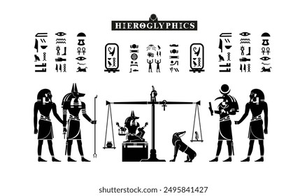  Egyptian seamless papyrus from the Book of the Dead. Weighing of the Heart, Duat ritual after death. Vector illustration of a pair of judgment scales. God Anubis