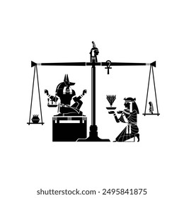 Egyptian seamless papyrus from the Book of the Dead. Weighing of the Heart, Duat ritual after death. Vector illustration of a pair of judgment scales. God Anubis