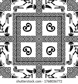 Egyptian seamless pattern. African tribal ethnic vector background. Abstract shapes, sphinx, pharaoh, eagles, hieroglyphs, symbols, signs., eyes. Geometric greek key meander black and white ornament.